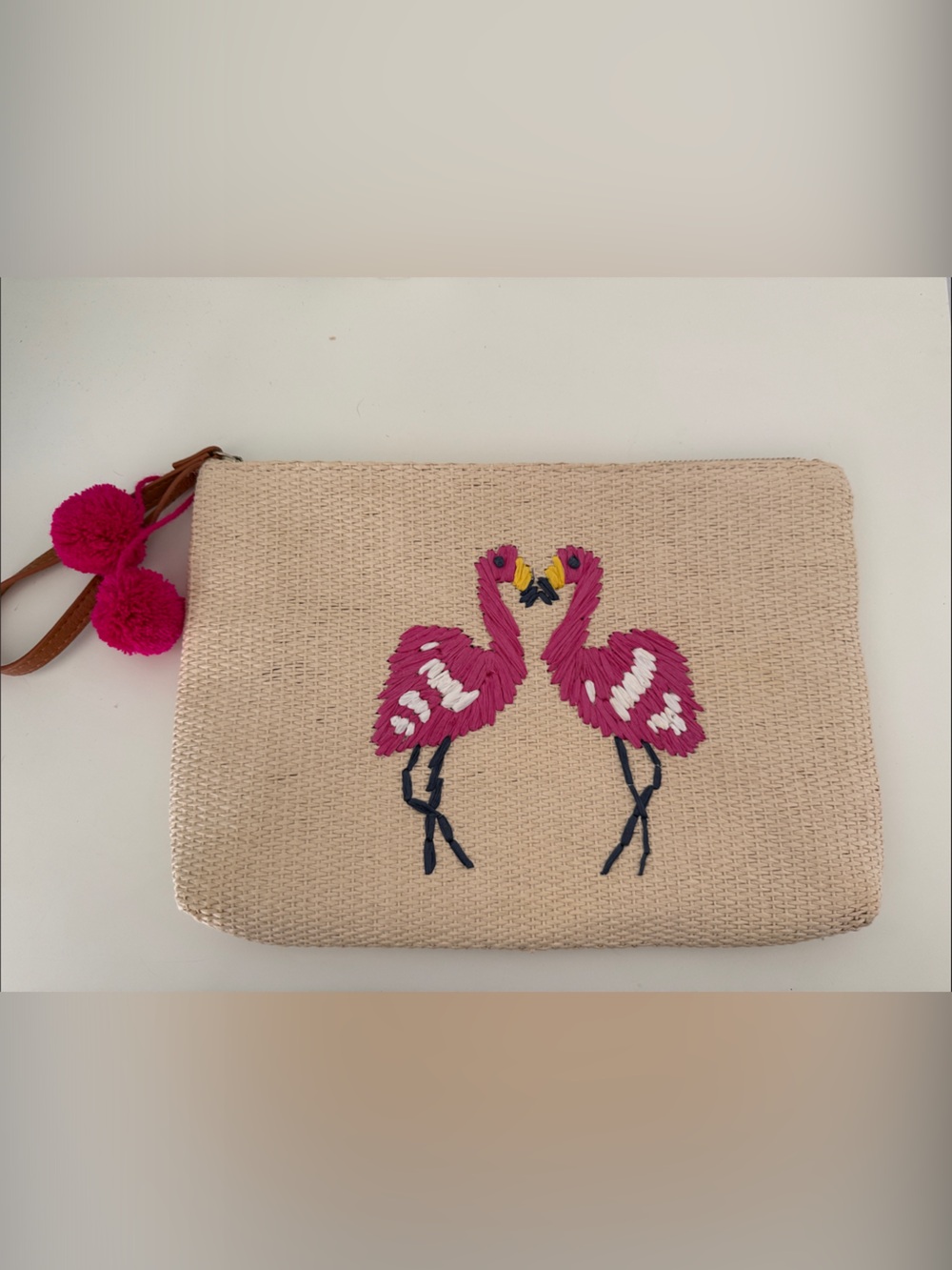 Old Navy Beige Straw Mini Clutch with Pink Flamingos